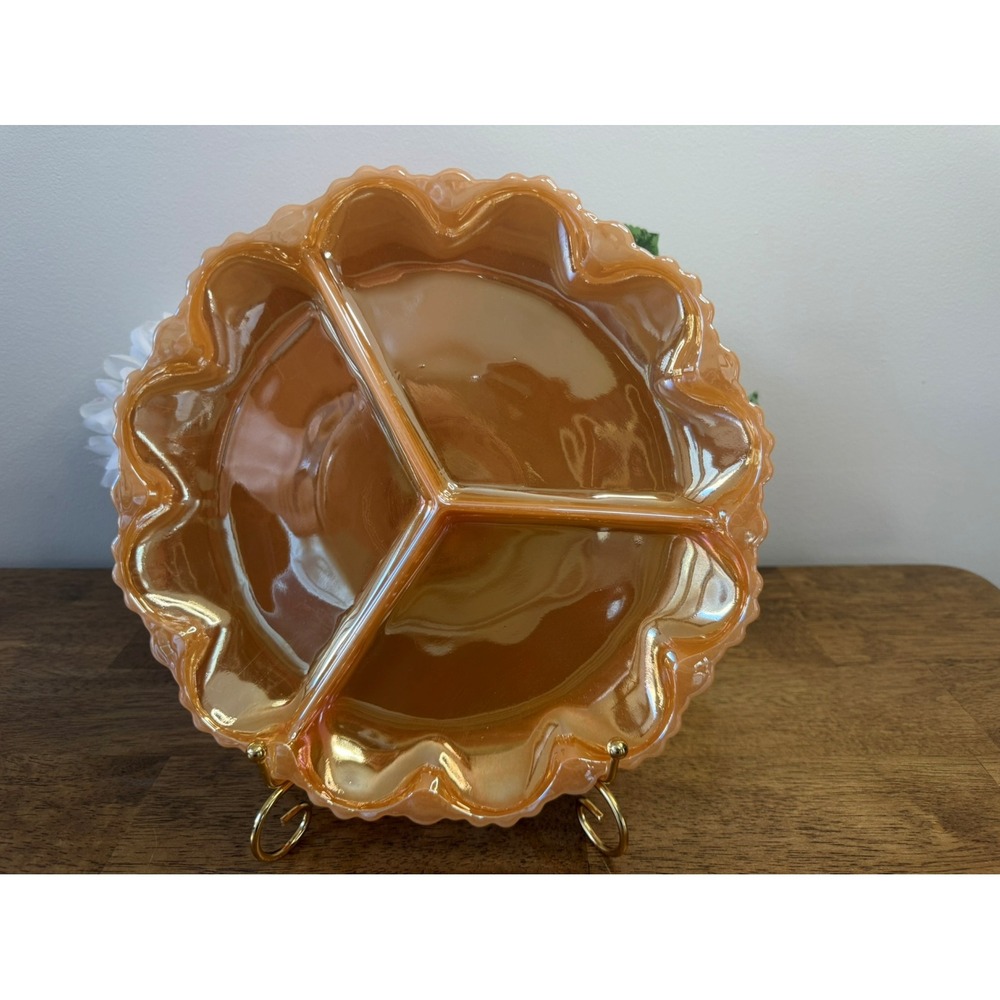 Vintage Peach Luster Divided‎ Serving Dish Three-Section Ruffled Edge Plate MCM